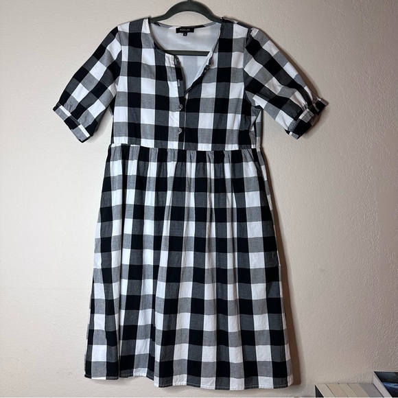 NO OFFERS ROOLEE black / white Buffalo check plaid short sleeve babydoll dress S - Picture 2 of 11